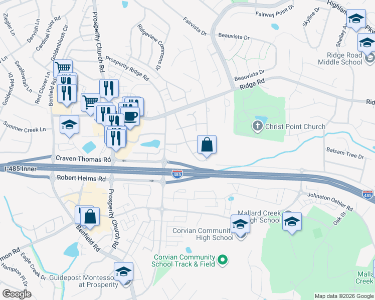 map of restaurants, bars, coffee shops, grocery stores, and more near 5516 Waverly Lynn Lane in Charlotte