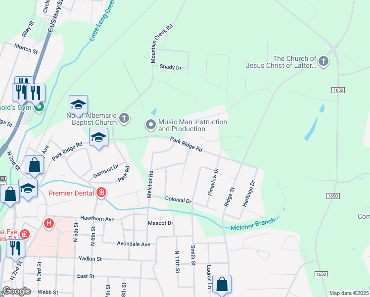 map of restaurants, bars, coffee shops, grocery stores, and more near 1415 Northridge Drive in Albemarle