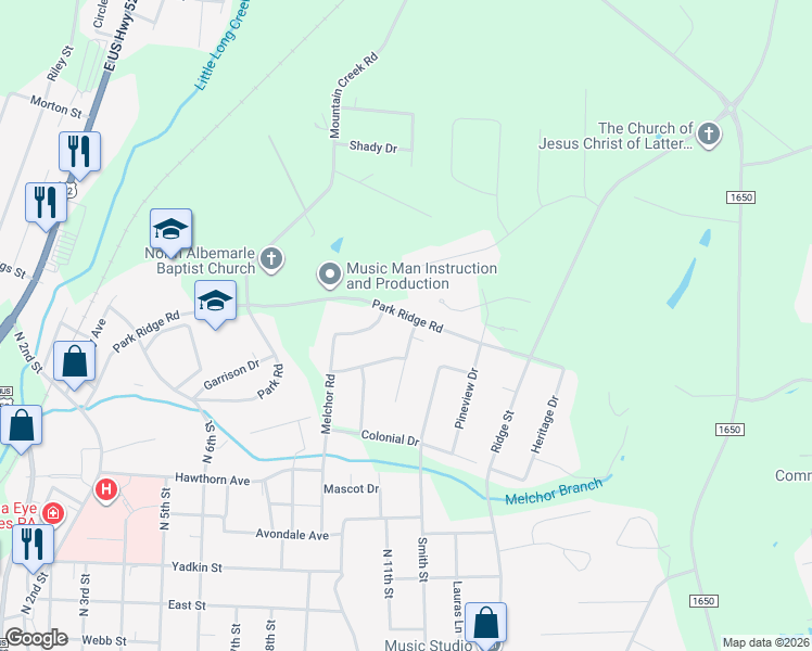 map of restaurants, bars, coffee shops, grocery stores, and more near 1418 Northridge Drive in Albemarle