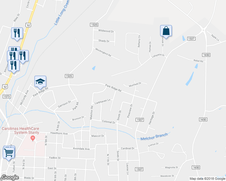 map of restaurants, bars, coffee shops, grocery stores, and more near 1415 Northridge Drive in Albemarle