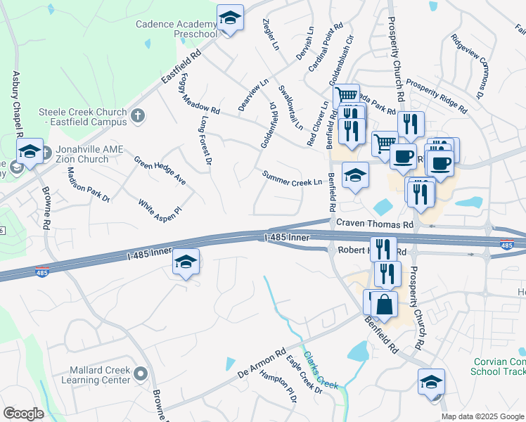 map of restaurants, bars, coffee shops, grocery stores, and more near 5740 Shining Oak Lane in Charlotte