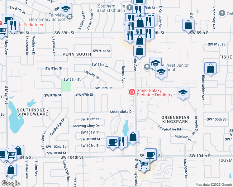 map of restaurants, bars, coffee shops, grocery stores, and more near 9809 Larkspur Lane in Oklahoma City