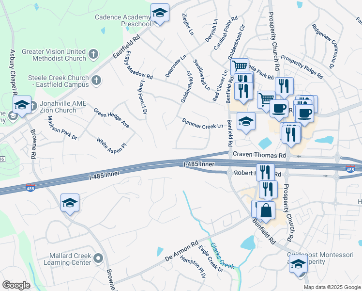 map of restaurants, bars, coffee shops, grocery stores, and more near 5725 Shining Oak Lane in Charlotte