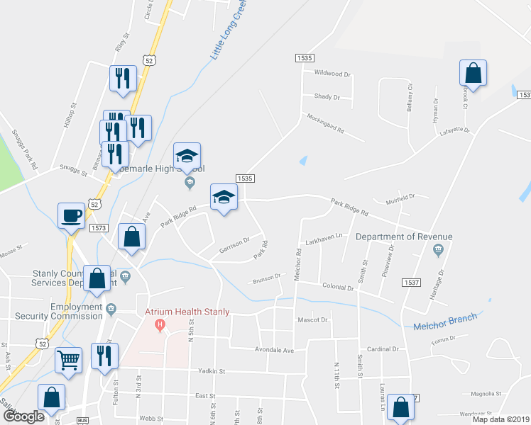 map of restaurants, bars, coffee shops, grocery stores, and more near 396 Park Road in Albemarle