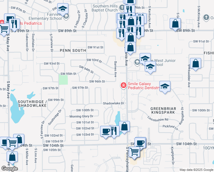 map of restaurants, bars, coffee shops, grocery stores, and more near 9809 Larkspur Lane in Oklahoma City