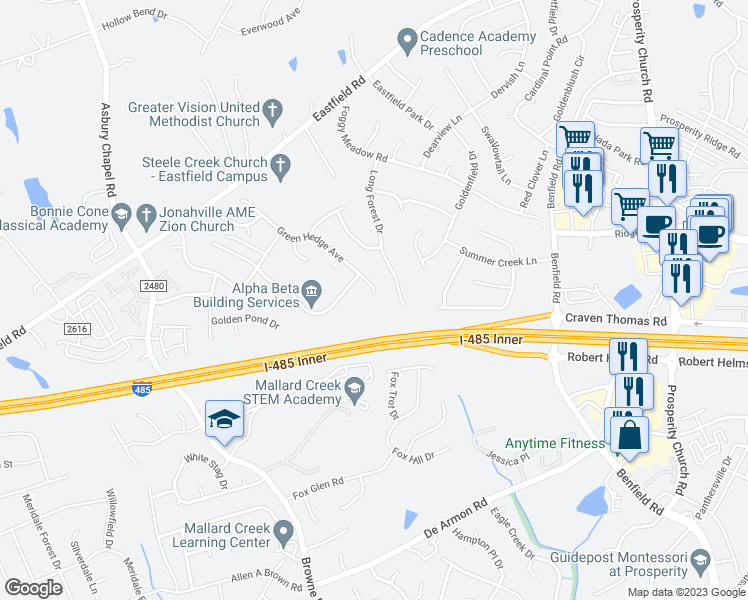 map of restaurants, bars, coffee shops, grocery stores, and more near 10005 Green Hedge Avenue in Charlotte