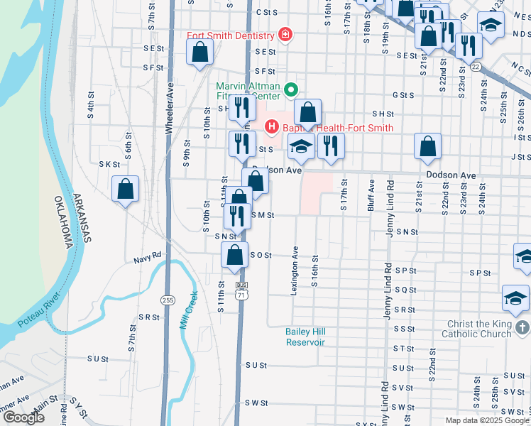 map of restaurants, bars, coffee shops, grocery stores, and more near 1234 South M Street in Fort Smith