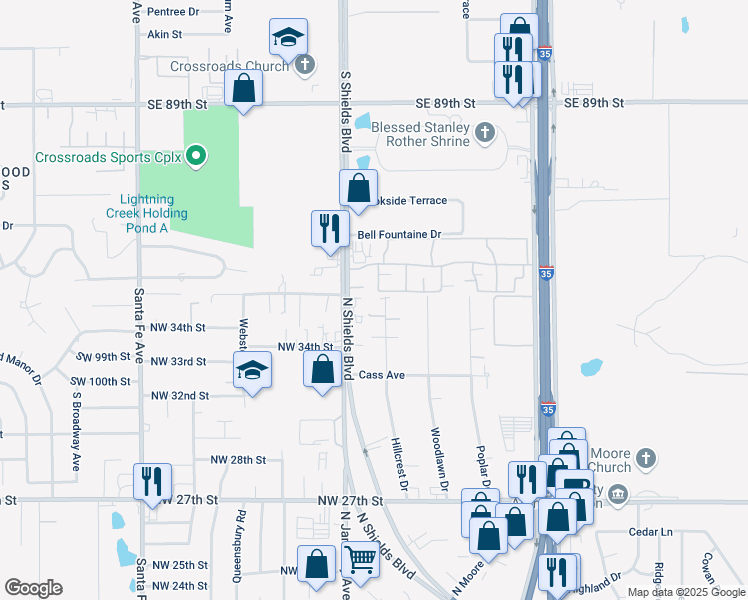 map of restaurants, bars, coffee shops, grocery stores, and more near 2946 Hillcrest Drive in Moore