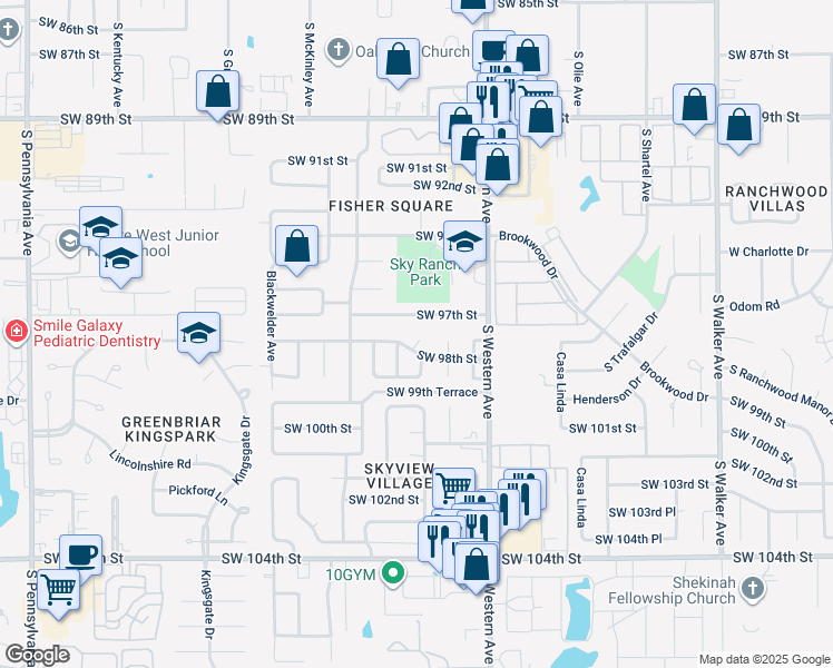 map of restaurants, bars, coffee shops, grocery stores, and more near 1021 Southwest 98th Street in Oklahoma City