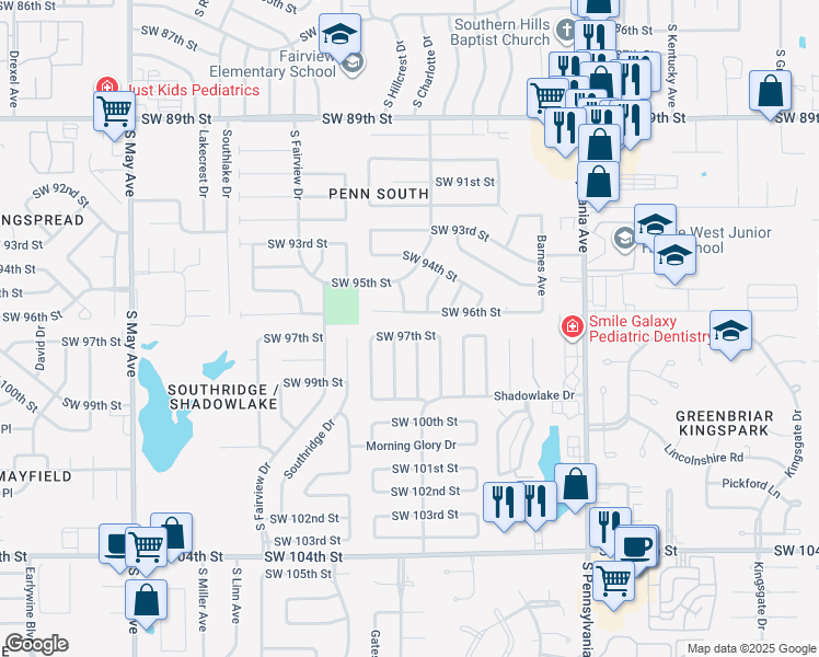 map of restaurants, bars, coffee shops, grocery stores, and more near 9800 Honeysuckle Road in Oklahoma City