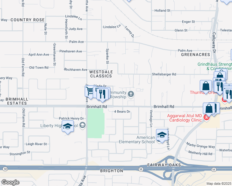 map of restaurants, bars, coffee shops, grocery stores, and more near 1308 Reddick Lane in Bakersfield