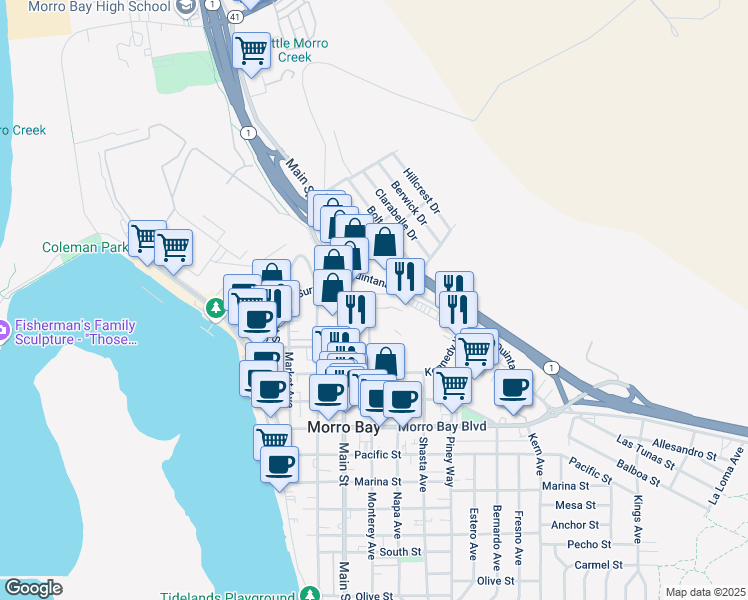 map of restaurants, bars, coffee shops, grocery stores, and more near 1195 Monterey Avenue in Morro Bay
