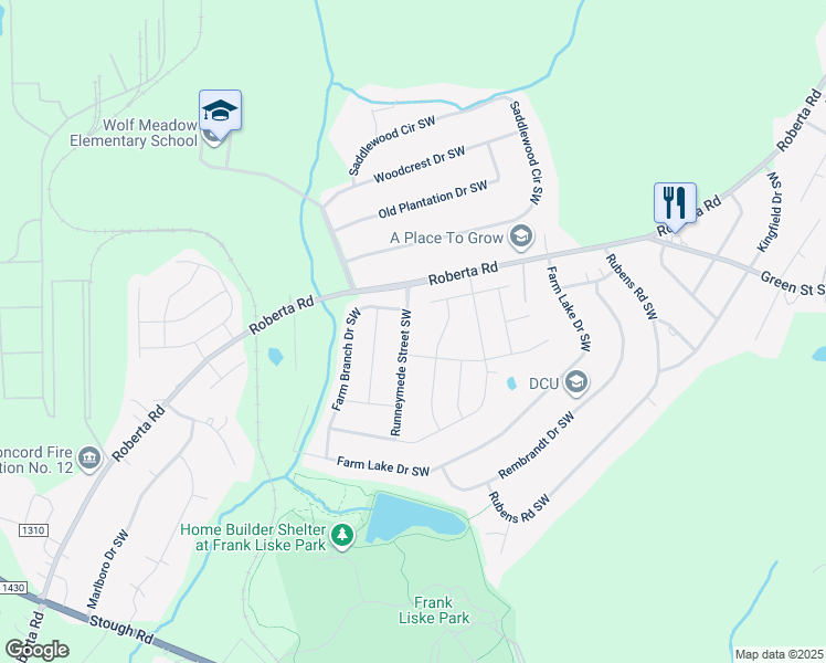 map of restaurants, bars, coffee shops, grocery stores, and more near 3235 Runneymede Street Southwest in Concord