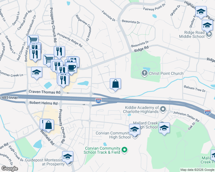 map of restaurants, bars, coffee shops, grocery stores, and more near 5524 Waverly Lynn Lane in Charlotte