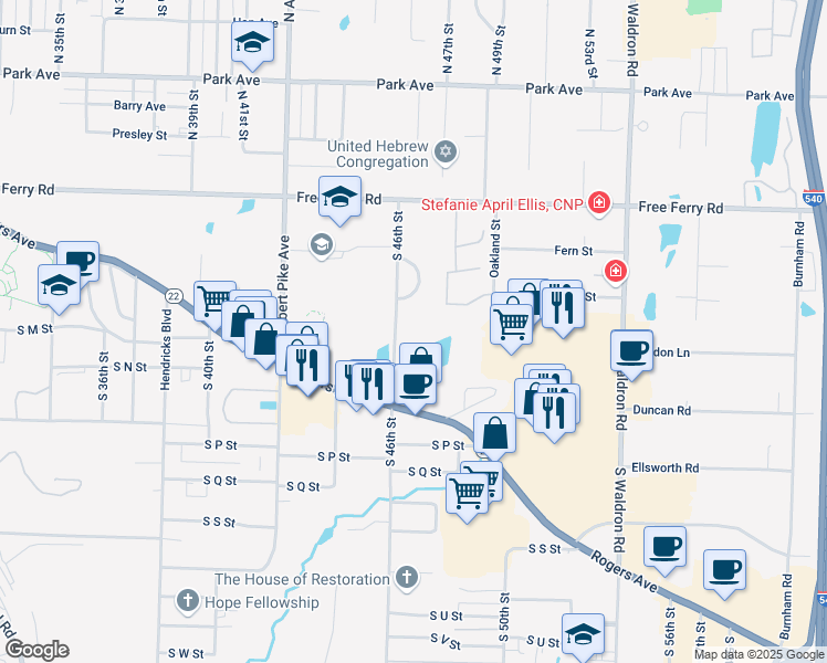 map of restaurants, bars, coffee shops, grocery stores, and more near 1331 South 46th Street in Fort Smith