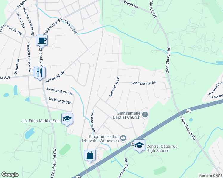 map of restaurants, bars, coffee shops, grocery stores, and more near 385 Amhurst Street Southwest in Concord