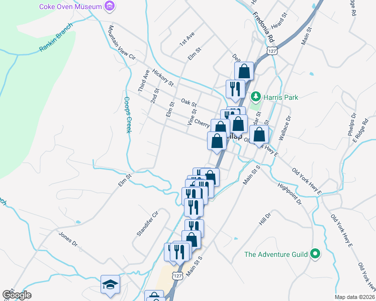 map of restaurants, bars, coffee shops, grocery stores, and more near 184 Wagner Lane in Dunlap