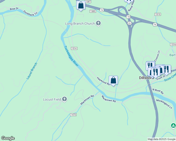 map of restaurants, bars, coffee shops, grocery stores, and more near 973 Haywood Road in Sylva