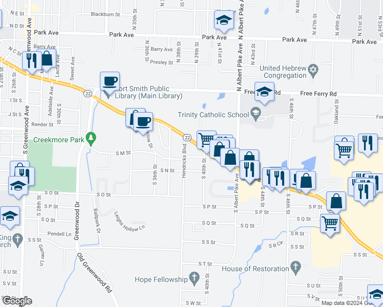 map of restaurants, bars, coffee shops, grocery stores, and more near 3807 Wicklow Drive in Fort Smith