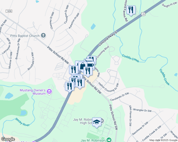 map of restaurants, bars, coffee shops, grocery stores, and more near 3673 Concord Parkway South in Concord