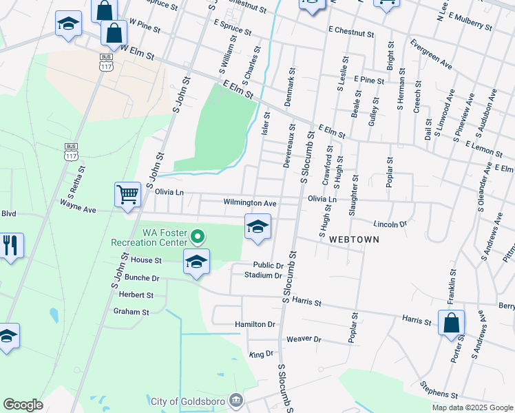 map of restaurants, bars, coffee shops, grocery stores, and more near 500 Wilmington Avenue in Goldsboro