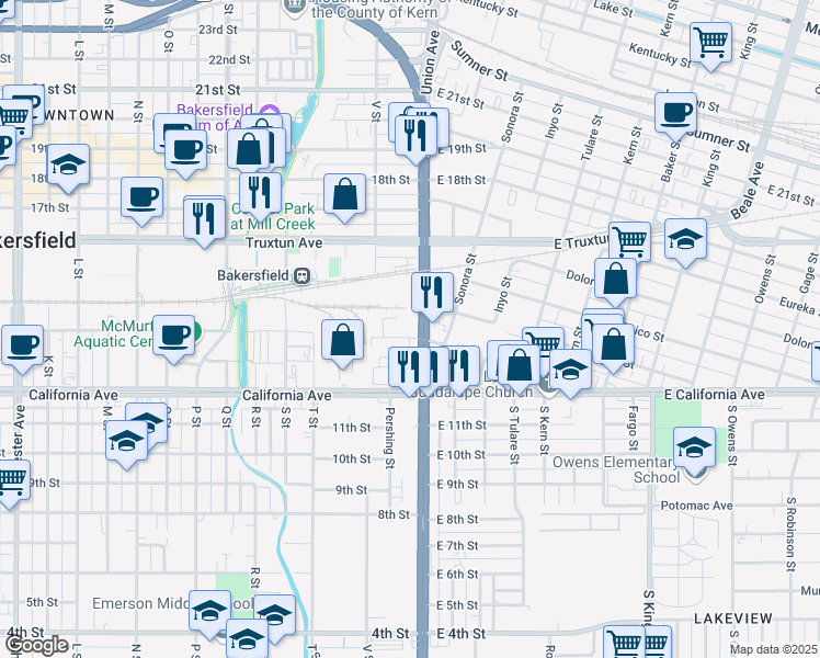 map of restaurants, bars, coffee shops, grocery stores, and more near 135 Hayden Court in Bakersfield