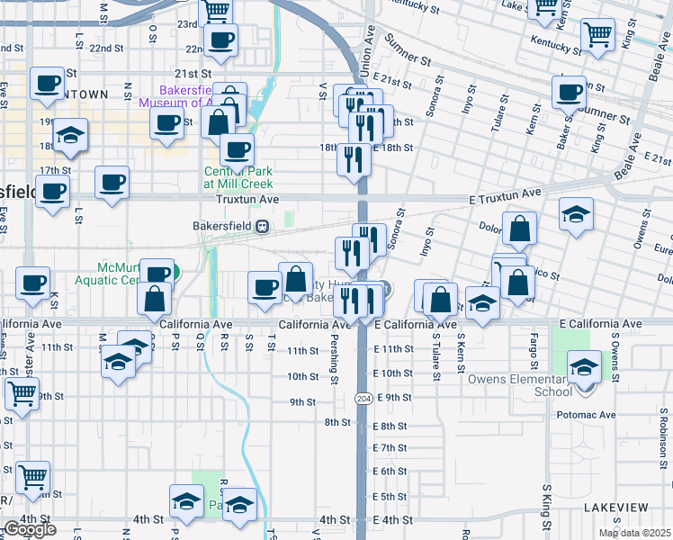 map of restaurants, bars, coffee shops, grocery stores, and more near 135 Hayden Court in Bakersfield