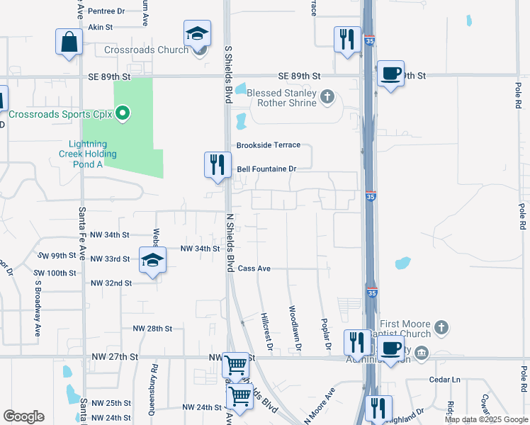 map of restaurants, bars, coffee shops, grocery stores, and more near 2960 Hillcrest Drive in Moore