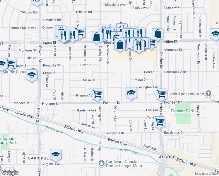 map of restaurants, bars, coffee shops, grocery stores, and more near 731 Normandy Drive in Bakersfield