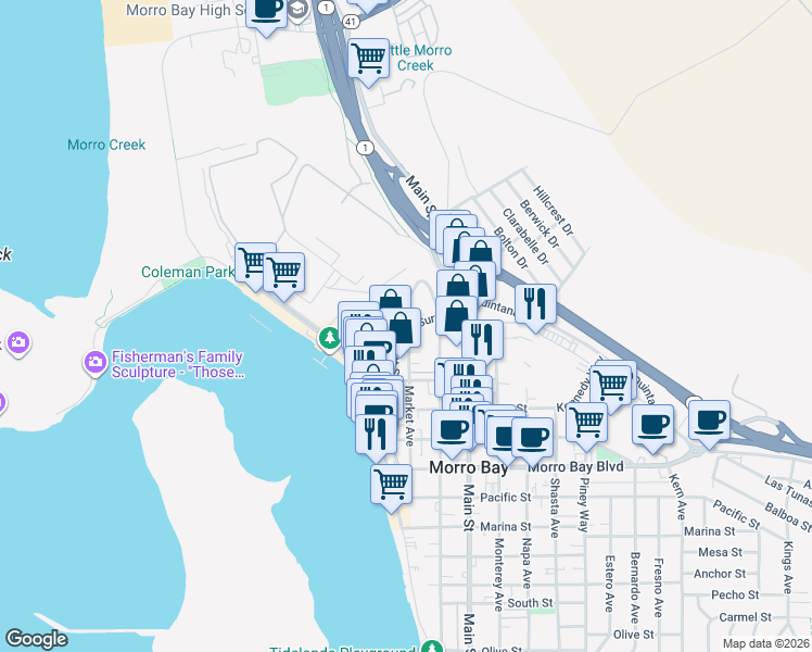 map of restaurants, bars, coffee shops, grocery stores, and more near 1188 Market Avenue in Morro Bay
