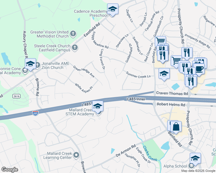 map of restaurants, bars, coffee shops, grocery stores, and more near 11605 Long Forest Drive in Charlotte