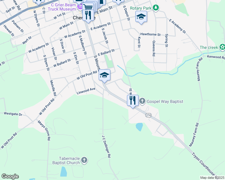 map of restaurants, bars, coffee shops, grocery stores, and more near 619 South Mountain Street in Cherryville
