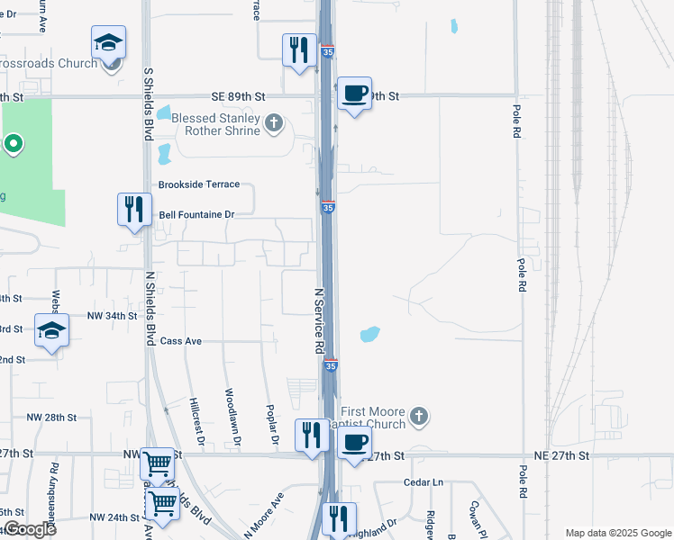 map of restaurants, bars, coffee shops, grocery stores, and more near 3264 Interstate 35 Frontage Road in Oklahoma City