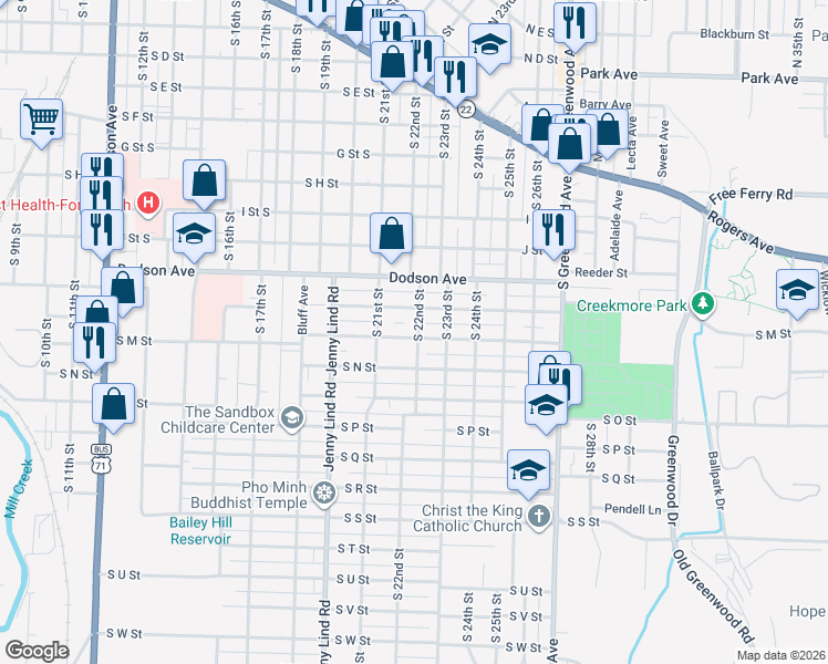 map of restaurants, bars, coffee shops, grocery stores, and more near 2116 South M Street in Fort Smith