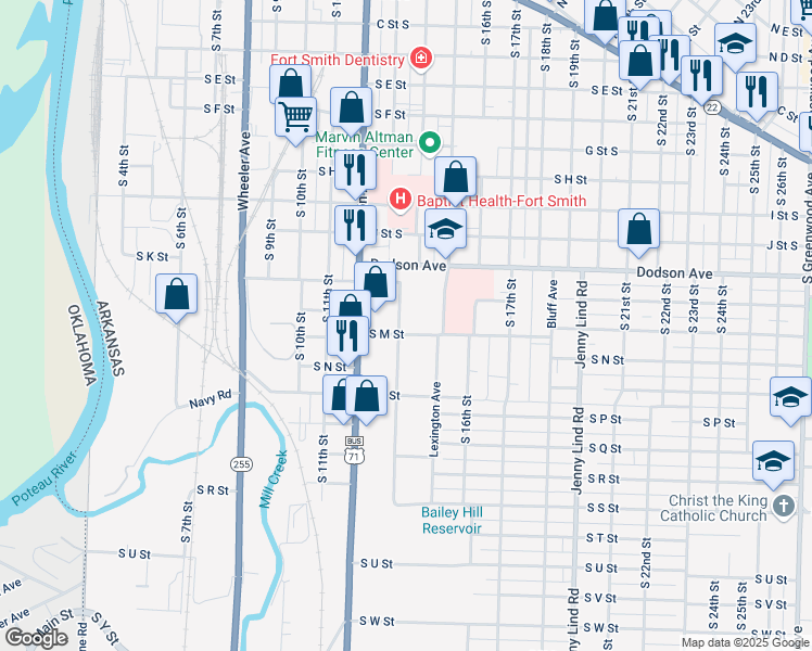 map of restaurants, bars, coffee shops, grocery stores, and more near 1315 South 12th Street in Fort Smith