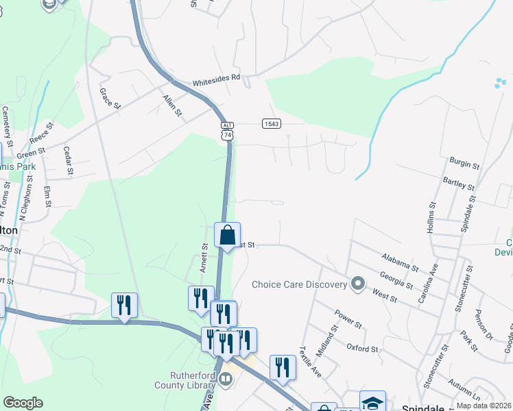 map of restaurants, bars, coffee shops, grocery stores, and more near 190 Heartwood Lane in Spindale