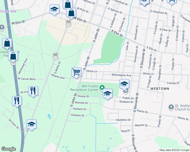 map of restaurants, bars, coffee shops, grocery stores, and more near 222 Wayne Ave in Goldsboro