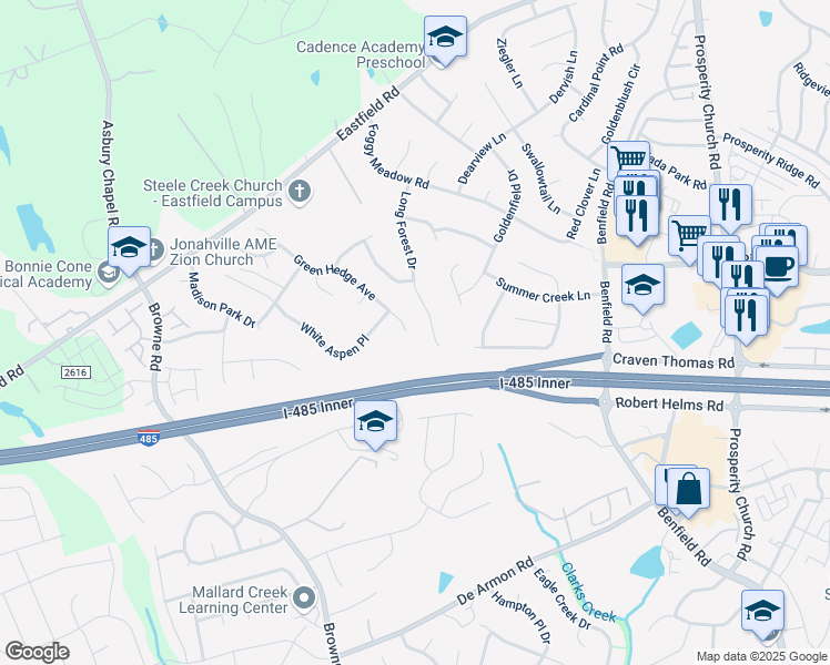 map of restaurants, bars, coffee shops, grocery stores, and more near 10005 Green Hedge Avenue in Charlotte
