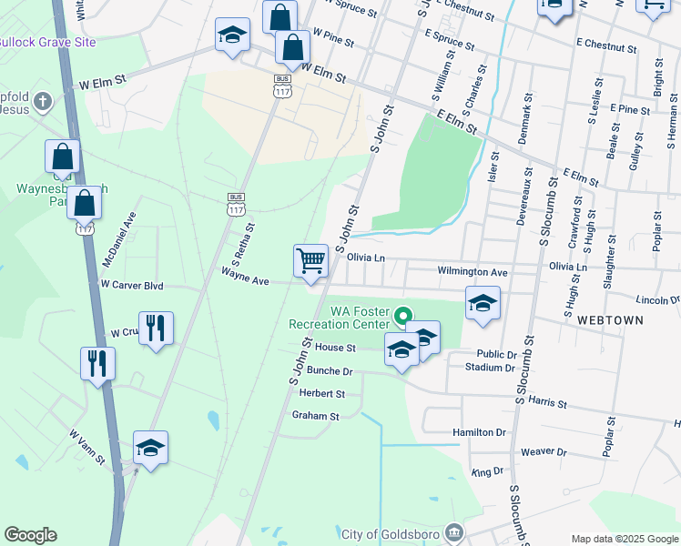 map of restaurants, bars, coffee shops, grocery stores, and more near 206 Wayne Avenue in Goldsboro
