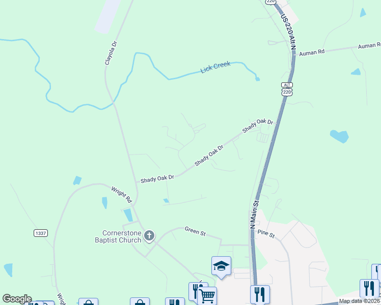 map of restaurants, bars, coffee shops, grocery stores, and more near 232 Shady Oak Drive in Biscoe