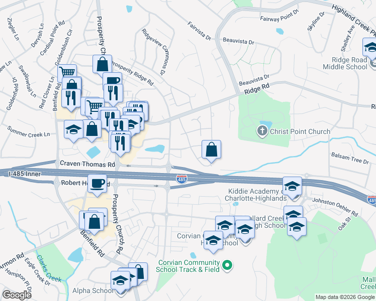 map of restaurants, bars, coffee shops, grocery stores, and more near 5524 Waverly Lynn Lane in Charlotte