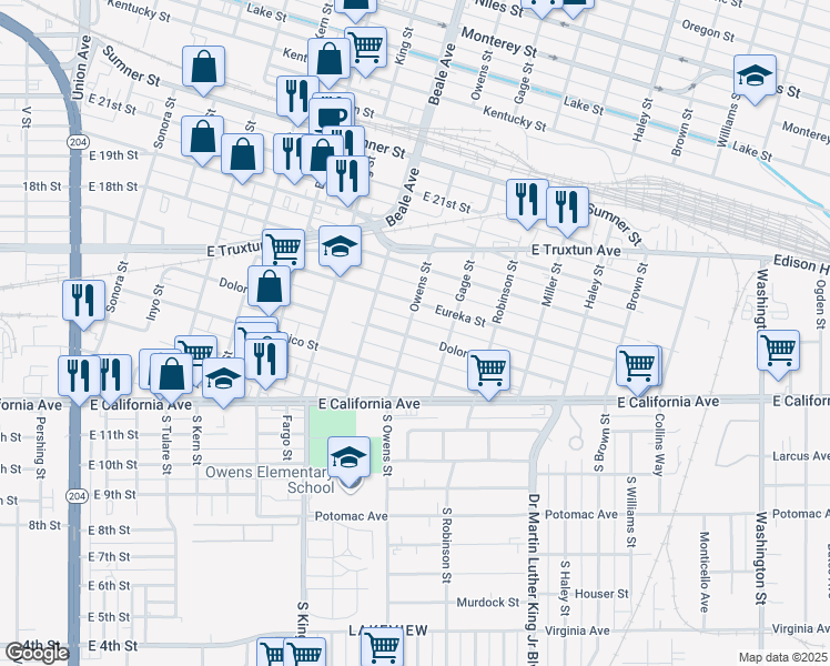 map of restaurants, bars, coffee shops, grocery stores, and more near 401 Owens Street in Bakersfield
