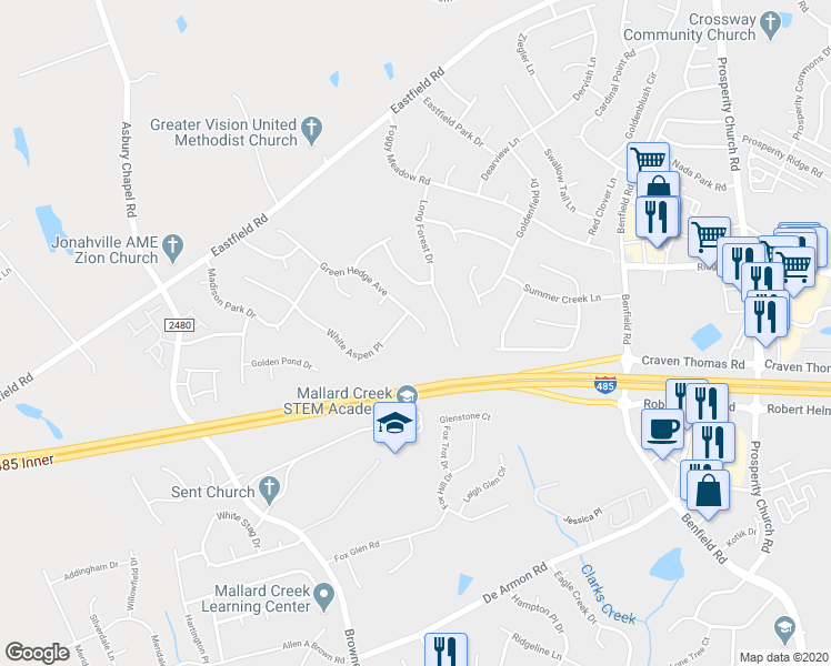 map of restaurants, bars, coffee shops, grocery stores, and more near 10013 Green Hedge Avenue in Charlotte