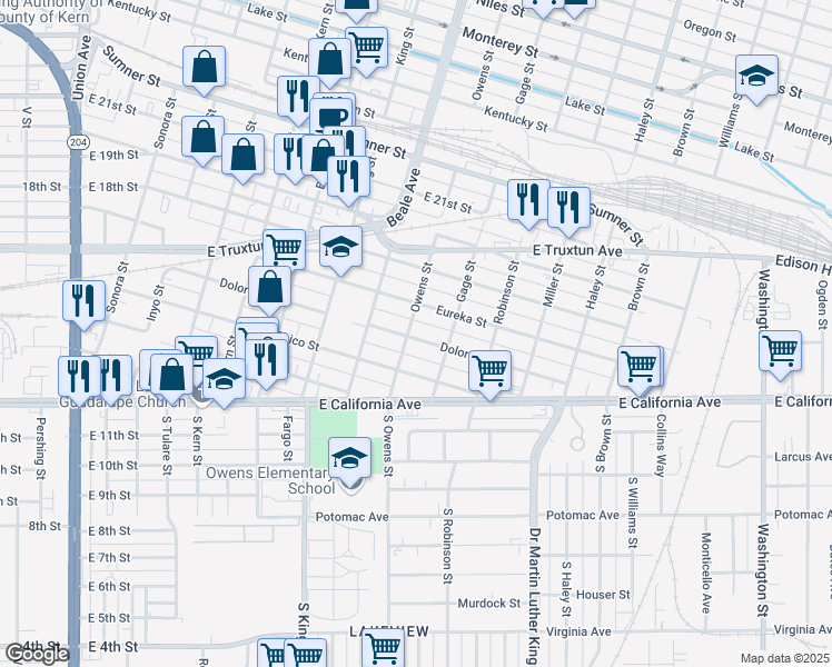 map of restaurants, bars, coffee shops, grocery stores, and more near 401 Owens Street in Bakersfield