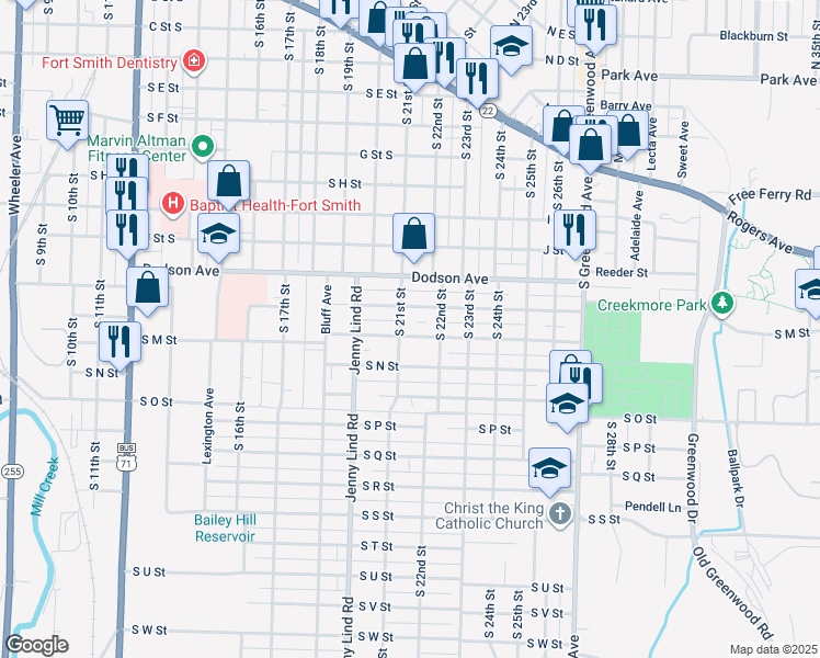 map of restaurants, bars, coffee shops, grocery stores, and more near 2116 South M Street in Fort Smith