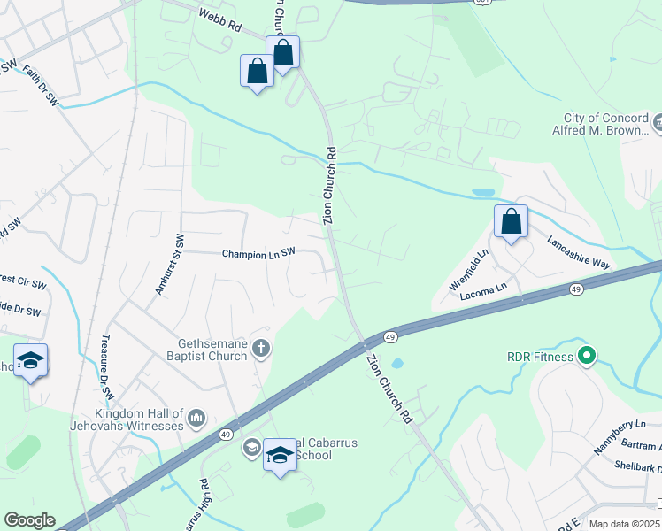 map of restaurants, bars, coffee shops, grocery stores, and more near 3097 Champion Ln SW in Concord