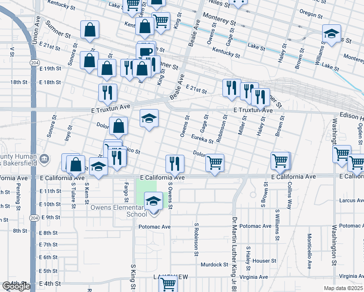 map of restaurants, bars, coffee shops, grocery stores, and more near 401 Owens Street in Bakersfield