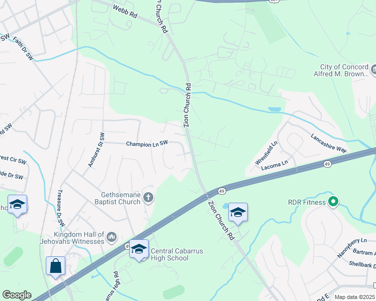 map of restaurants, bars, coffee shops, grocery stores, and more near 3097 Champion Ln SW in Concord