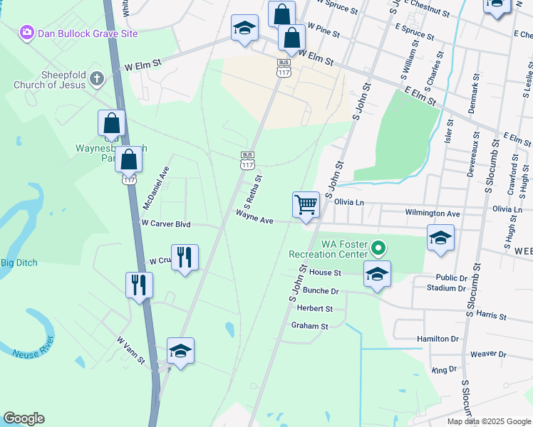 map of restaurants, bars, coffee shops, grocery stores, and more near 109 Autumn Winds Drive in Goldsboro