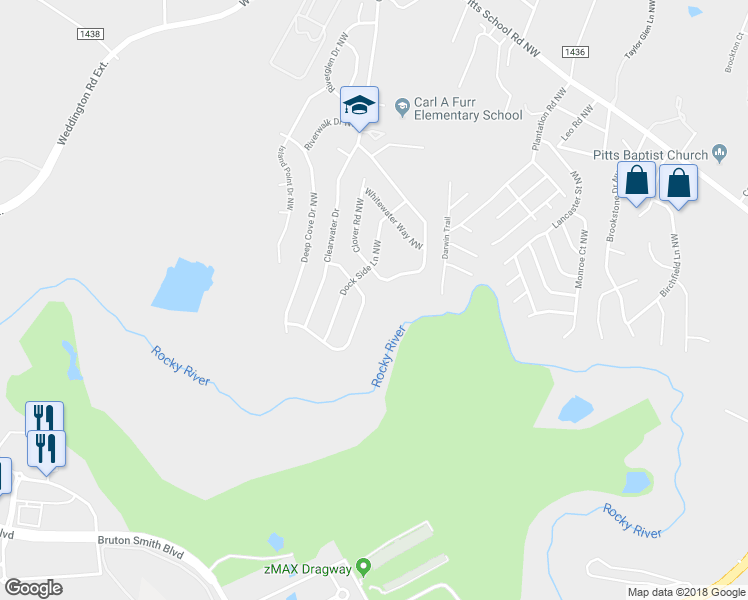 map of restaurants, bars, coffee shops, grocery stores, and more near 2879 Watercrest Drive Northwest in Concord
